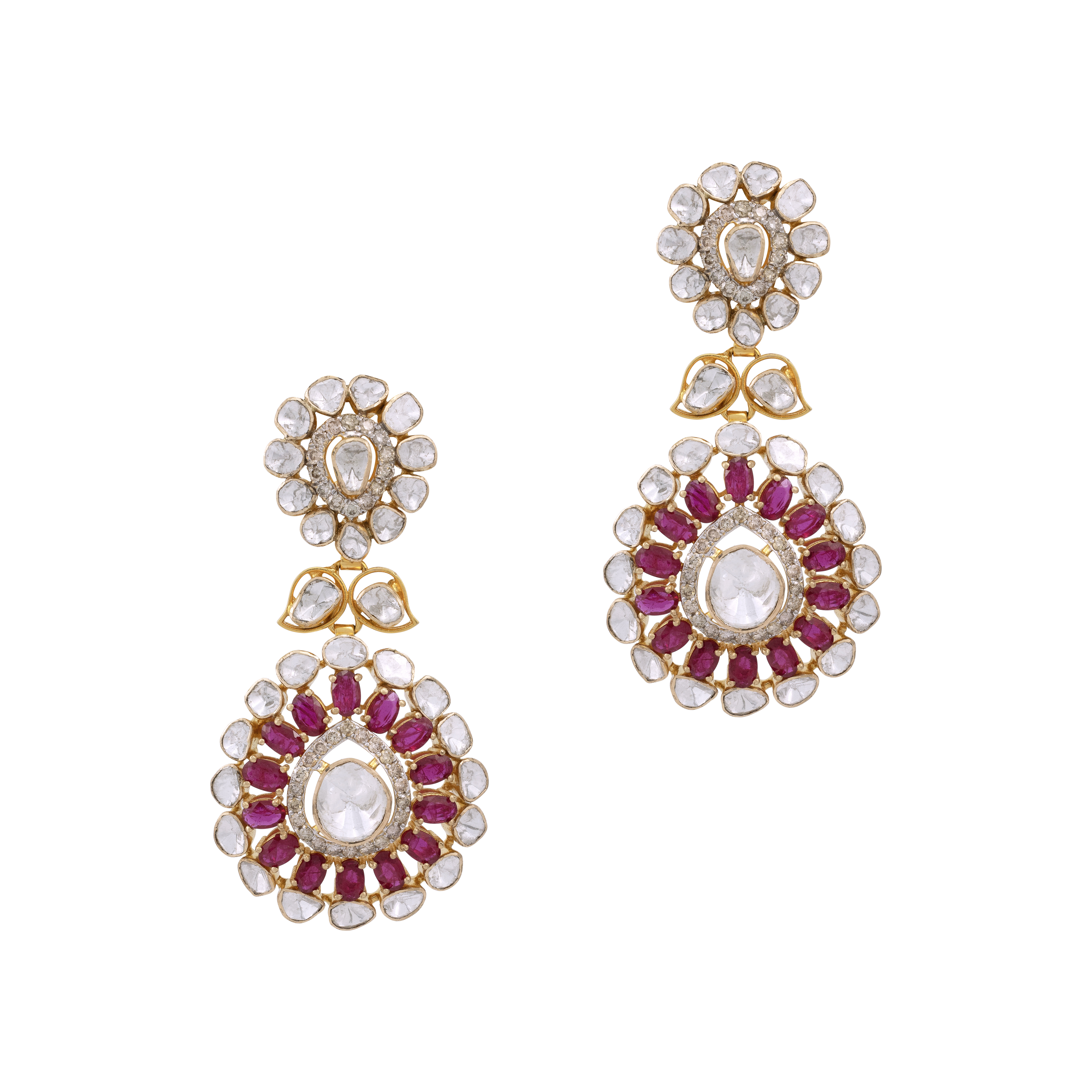 Polki and Ruby Halo Danglers with Floral Drop